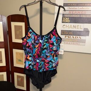 Maxine of Hollywood Black One-Piece Swim with Multicolor Tropical Print size 20